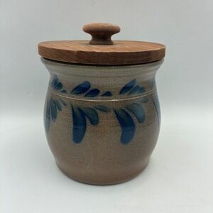 Eldreth Pottery 1992 Salt Glaze Stoneware Canister Blue Cobalt Leaf Wood Lid PA